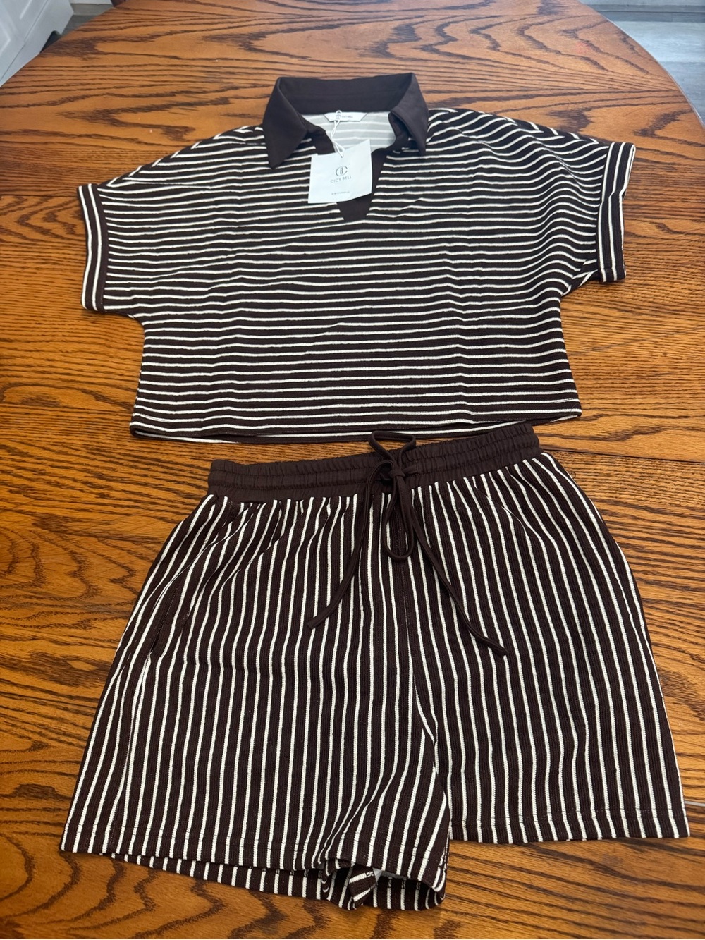 High-Waist Striped Knit Shorts & matching top— Brown & White